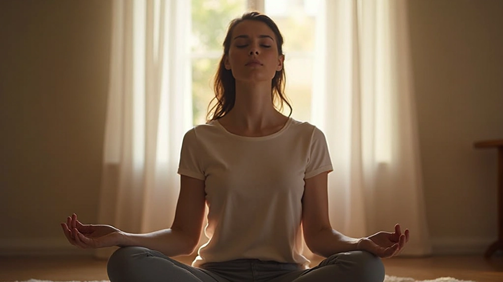 Женщина медитирует с закрытыми глазами в спокойном окружении, визуализирует яркие образы