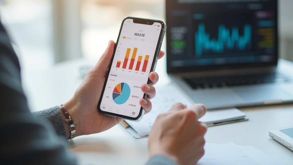 Смартфон с приложением для управления финансами, отображающим диаграммы расходов и графики бюджета