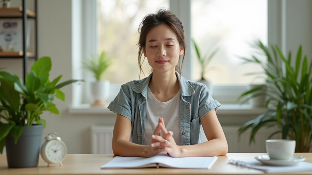 Человек медитирует за столом рядом с растением и часами