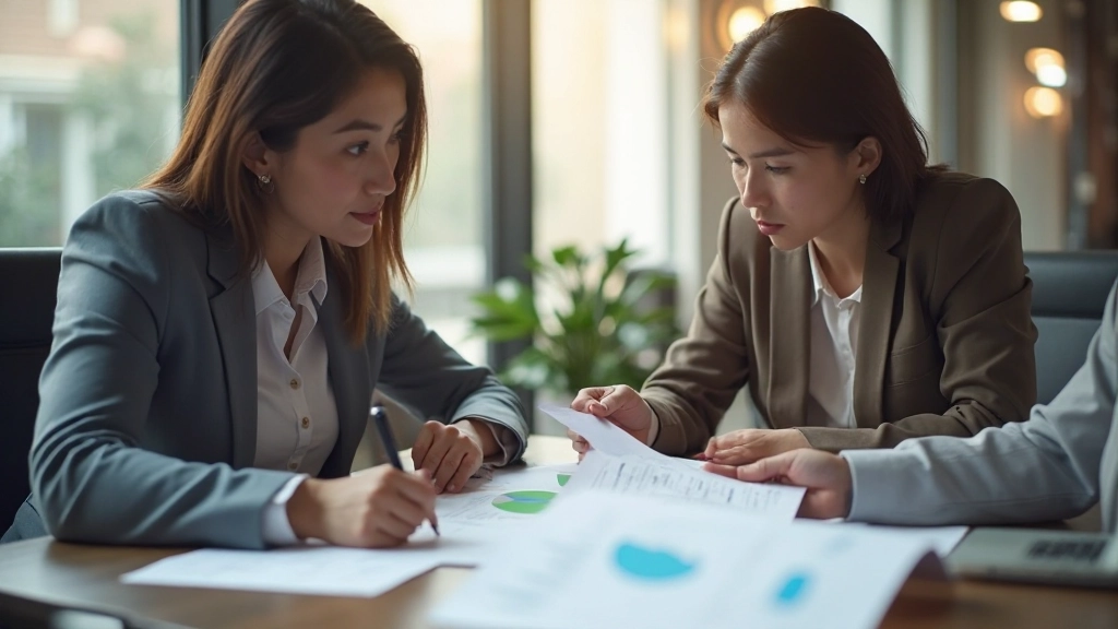Два человека обсуждают финансовый план за столом с графиками