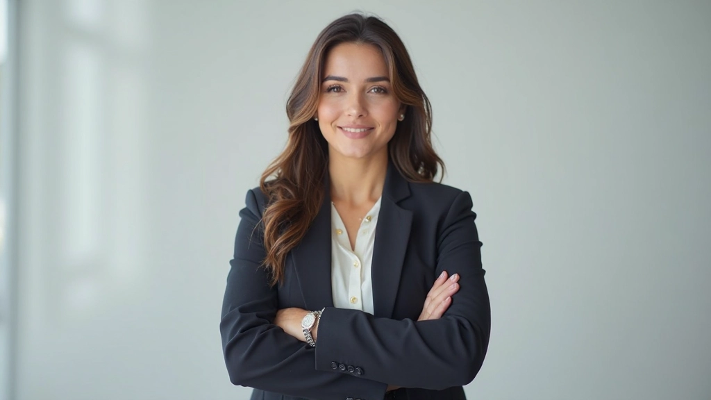 Профессиональное фото женщины, казахского происхождения, с уверенным выражением лица, возраст 28-38 лет