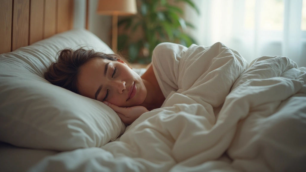 Мирная спящая женщина в удобной кровати с мягким подушками в темной спальне