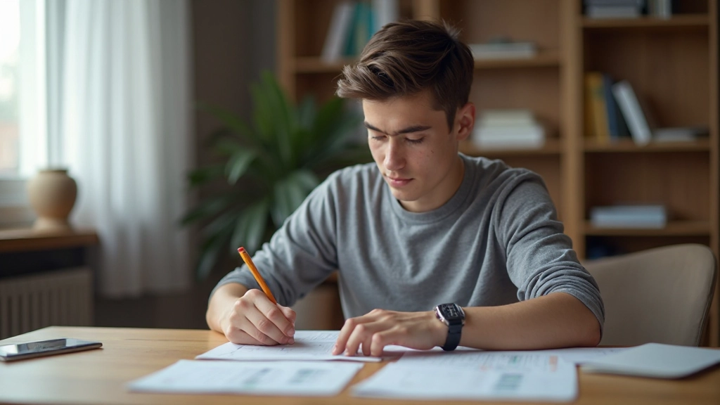 Студент эффективно учится с использованием метода интервального повторения, сидя за столом с учебными материалами и заметками